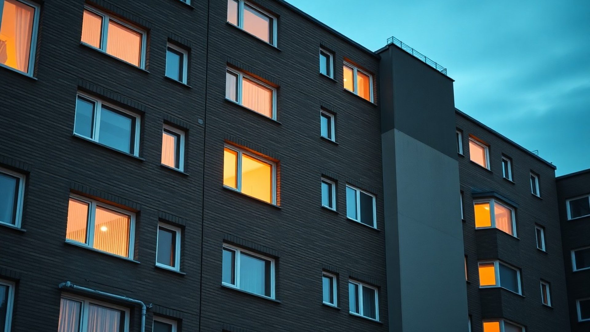 Modernistyczna elewacja katowickiego apartamentowca o zmierzchu